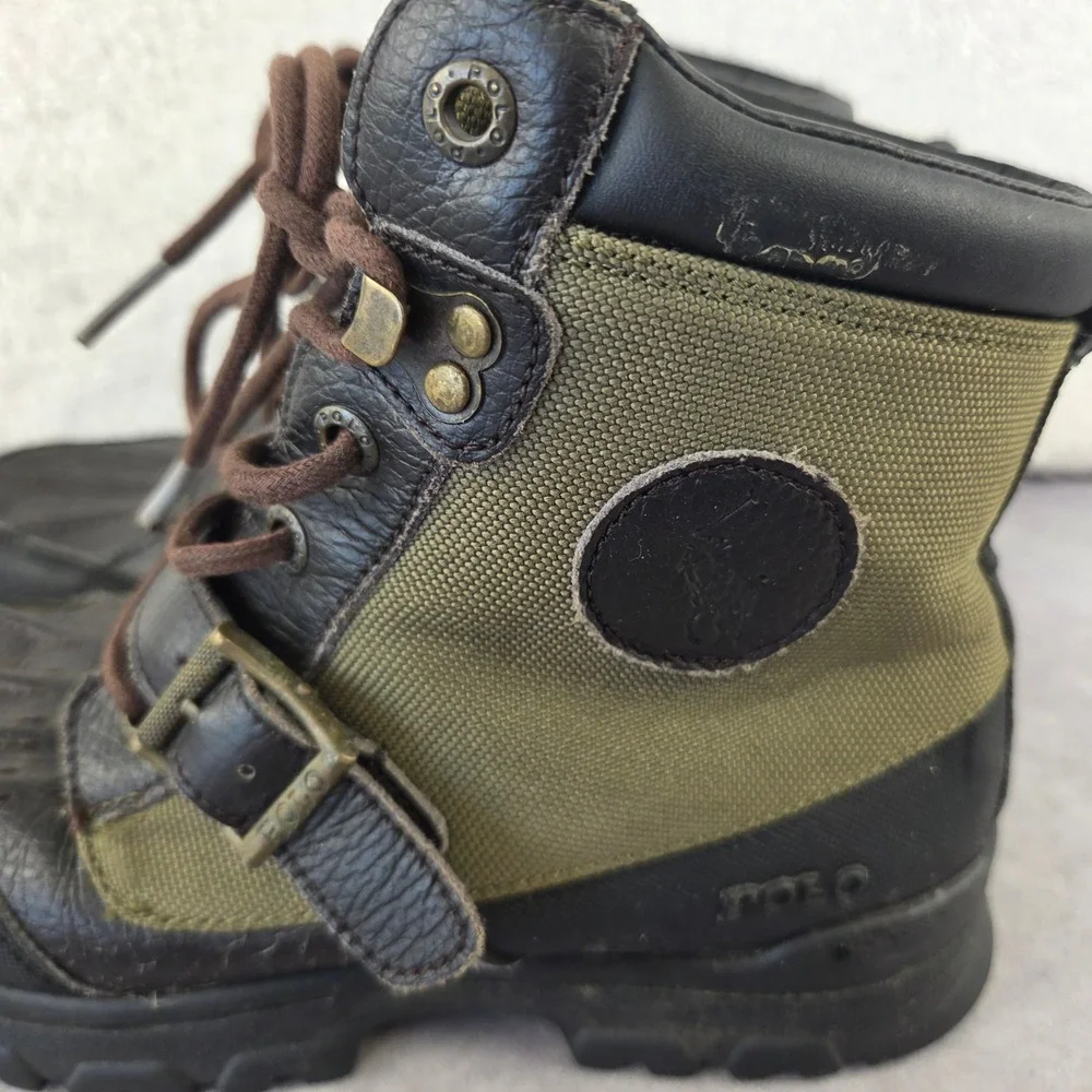 Polo Ralph Lauren Boys Duck Boots Black Olive Green Leather Size 3 RF S10428